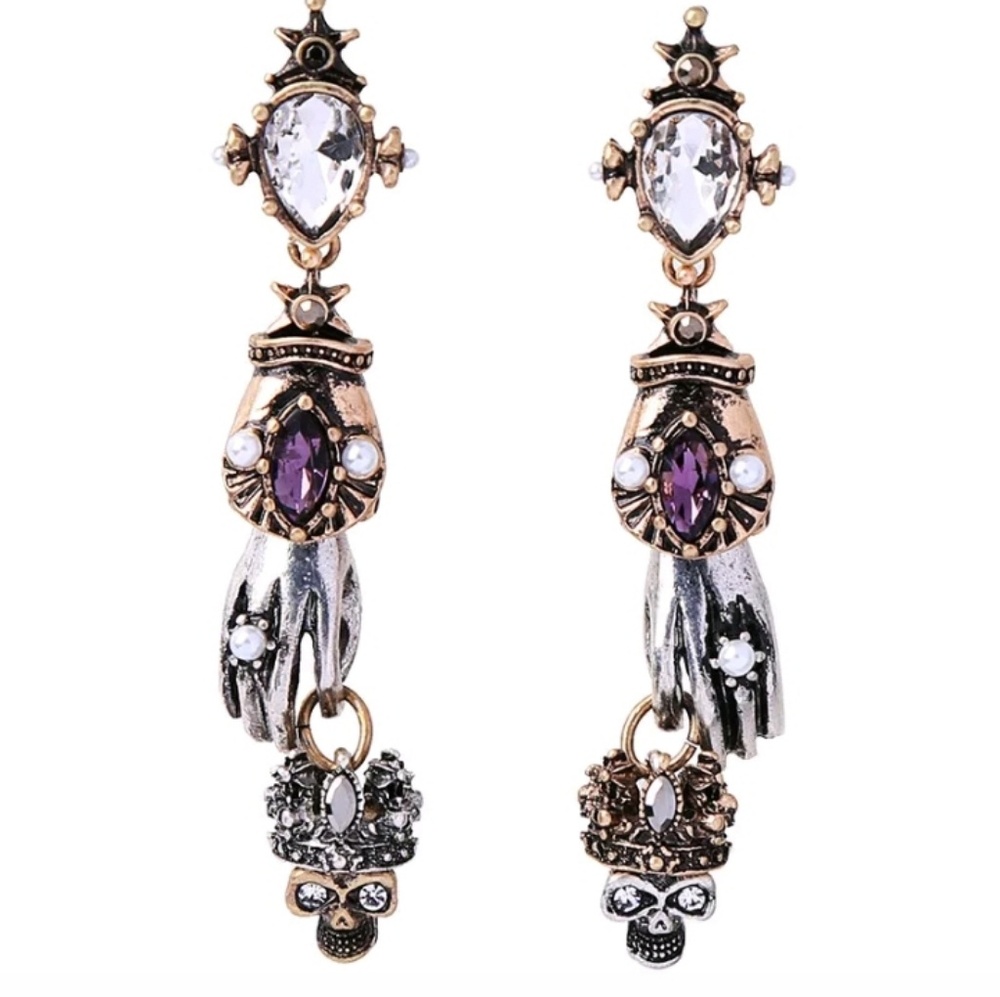 King & Queen Royal Hand Crystal Skull Earrings